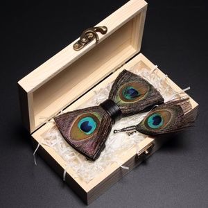 Brooch and Bowtie Bow Tie Peacock Feather Set Wood Box
